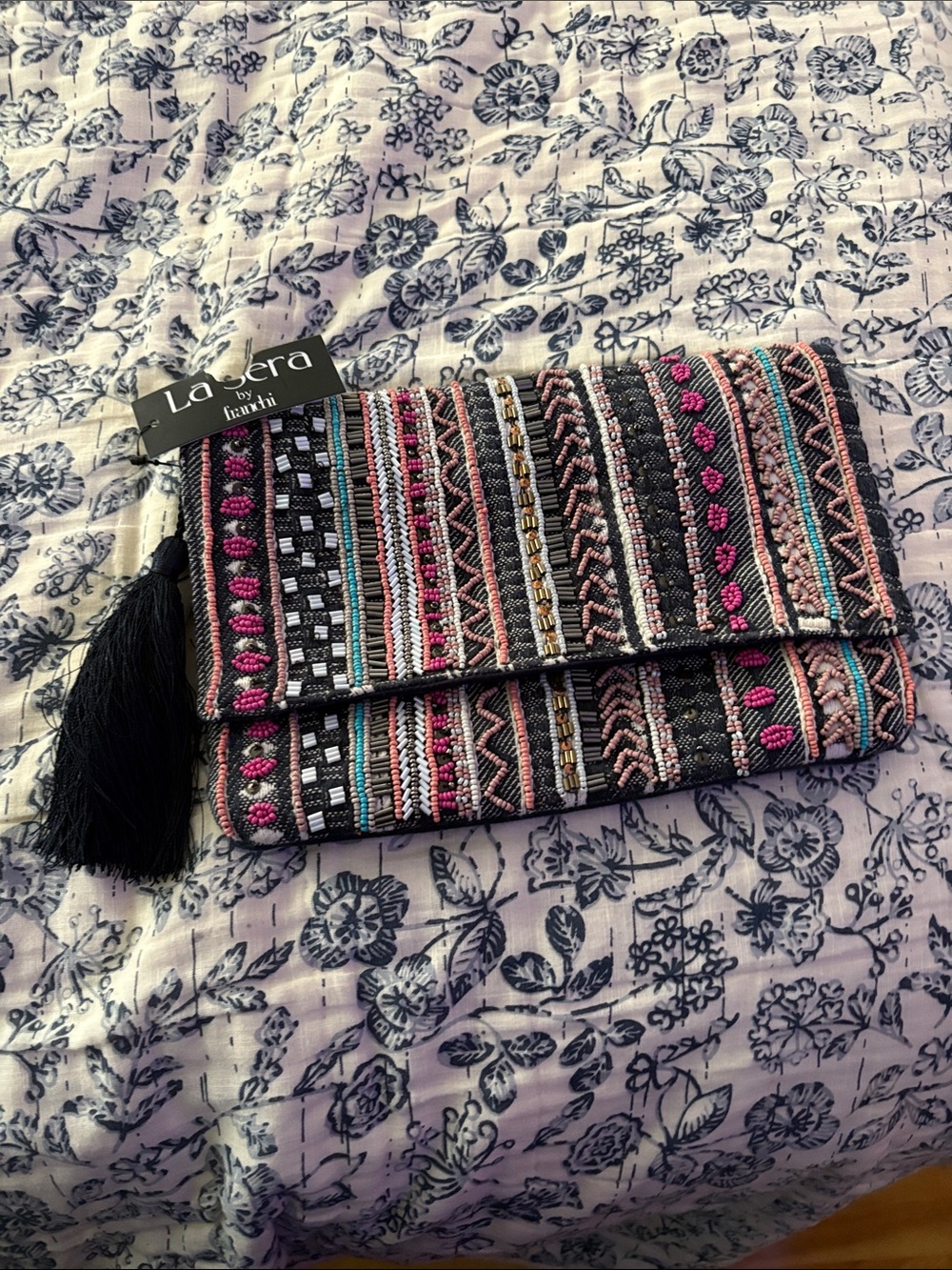 Black Embroidered Fold-Over Clutch with Pink Accents